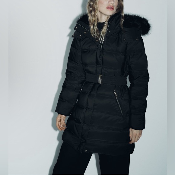 Zara FAUX FUR HOODED DOWN PUFFER JACKET WITH BELT - Picture 4 of 7